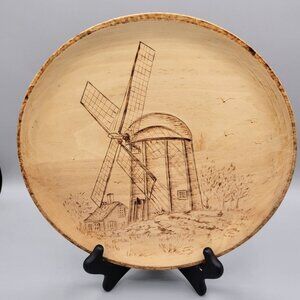 Wood Burned Dutch Windmill Art Plate 1981 Vtg Pyrography Artist Signed 9 Inches